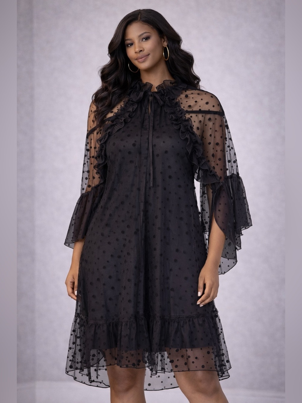 CQ by CQ Black Sheer Ruffle Babydoll Romantic Boho Whimsigoth Dress Size Large